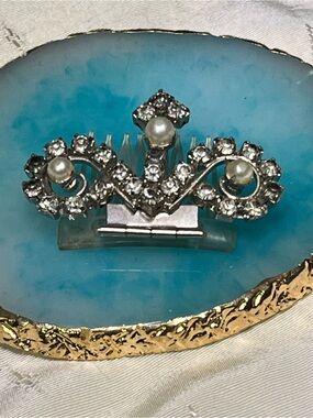 Vintage 1950s Silver Tone Rhinestone Faux Pearl Hair Clip Barrette MCM Hair